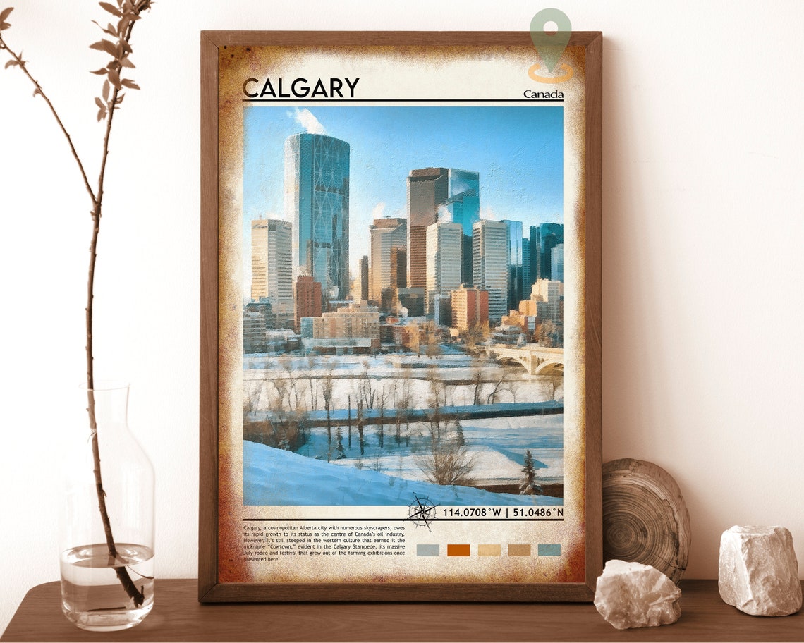 Calgary Canada Winter Downtown Skyline by the River Vintage Poster - Image 6