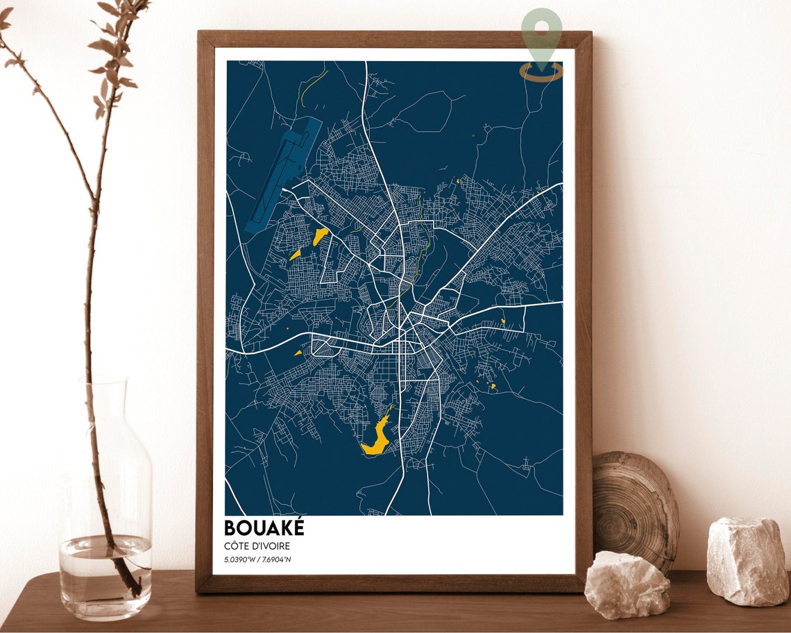 Bouake Cote dIvoire Navy Pink Street City Map Modern Wall Art - Image 2
