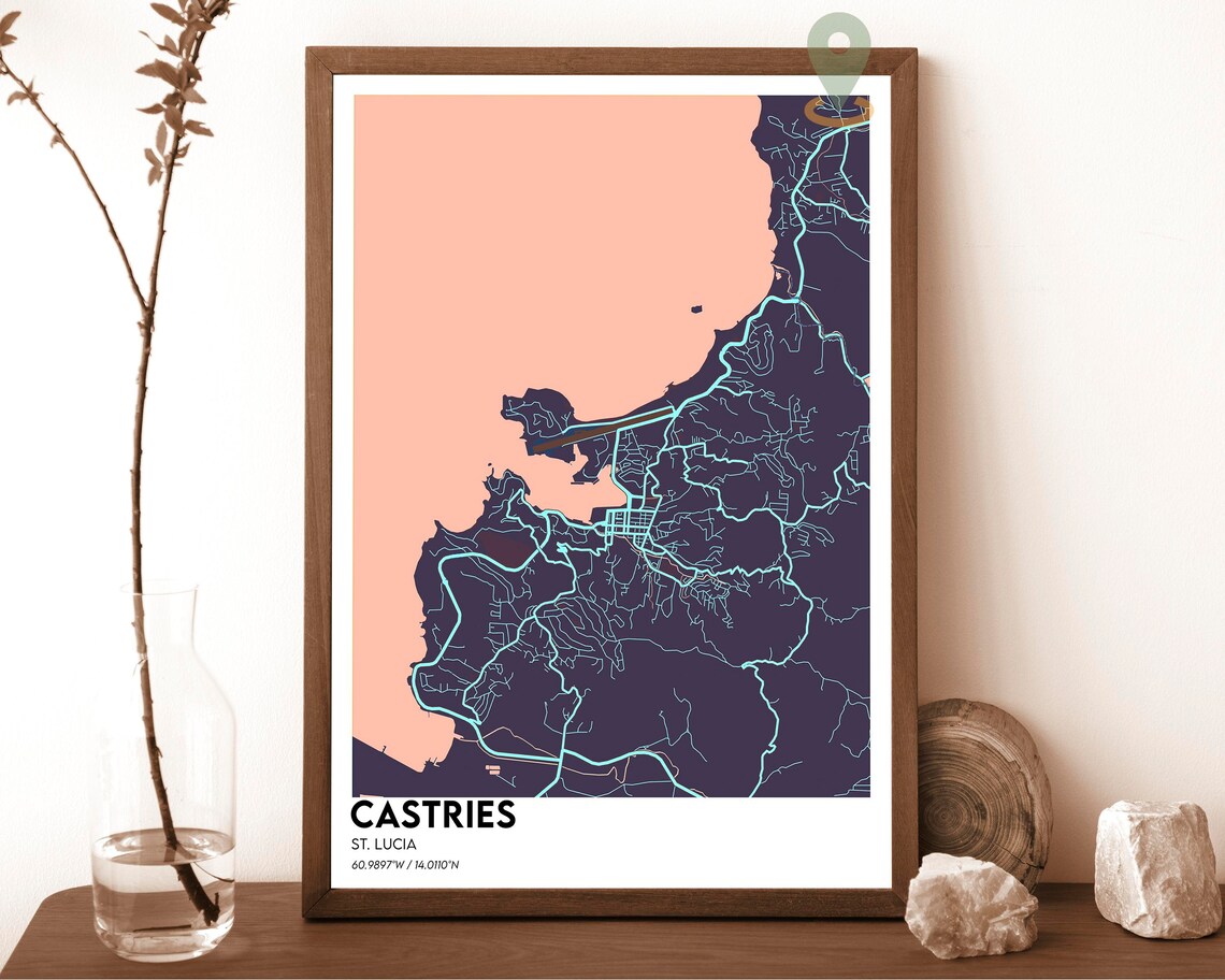 Castries St Lucia Minimalist City Map Poster in Dark Navy Style