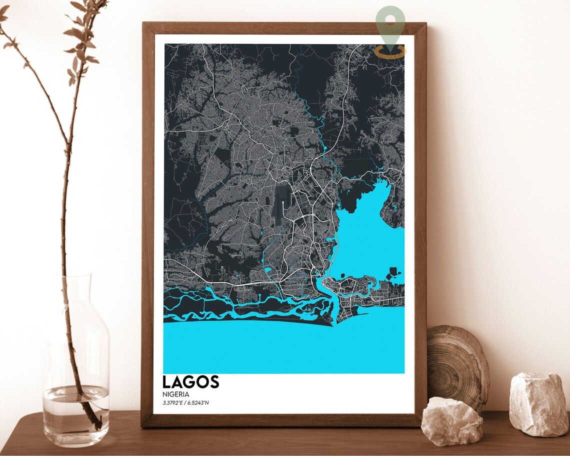 Lagos Nigeria Navy Yellow Lagoon Street Map Modern Art Poster - Image 6