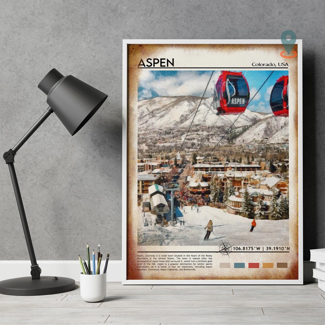 Aspen Colorado Ski Resort Red Gondola Snowy Peaks Winter Poster - Image 5
