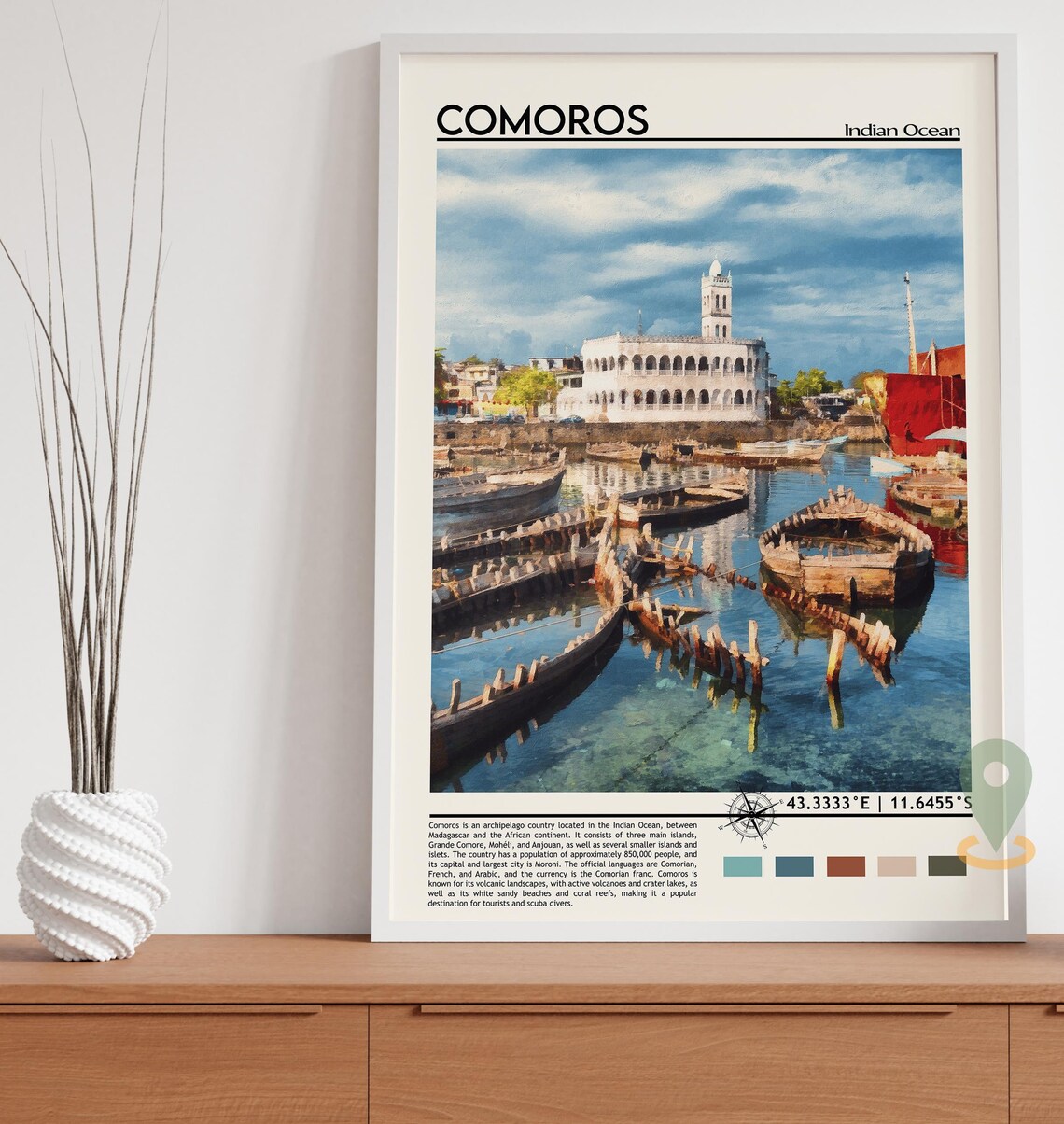 Comoros Indian Ocean Harbor Boats Historic White City Travel Poster - Image 2