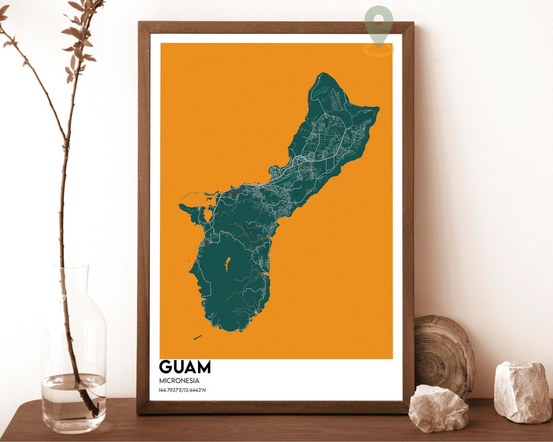 Guam Micronesia Navy Blue Island Map Mustard Yellow Travel Poster - Image 2