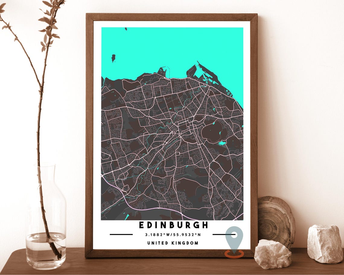 Edinburgh United Kingdom Teal Charcoal City Map Coordinates Poster