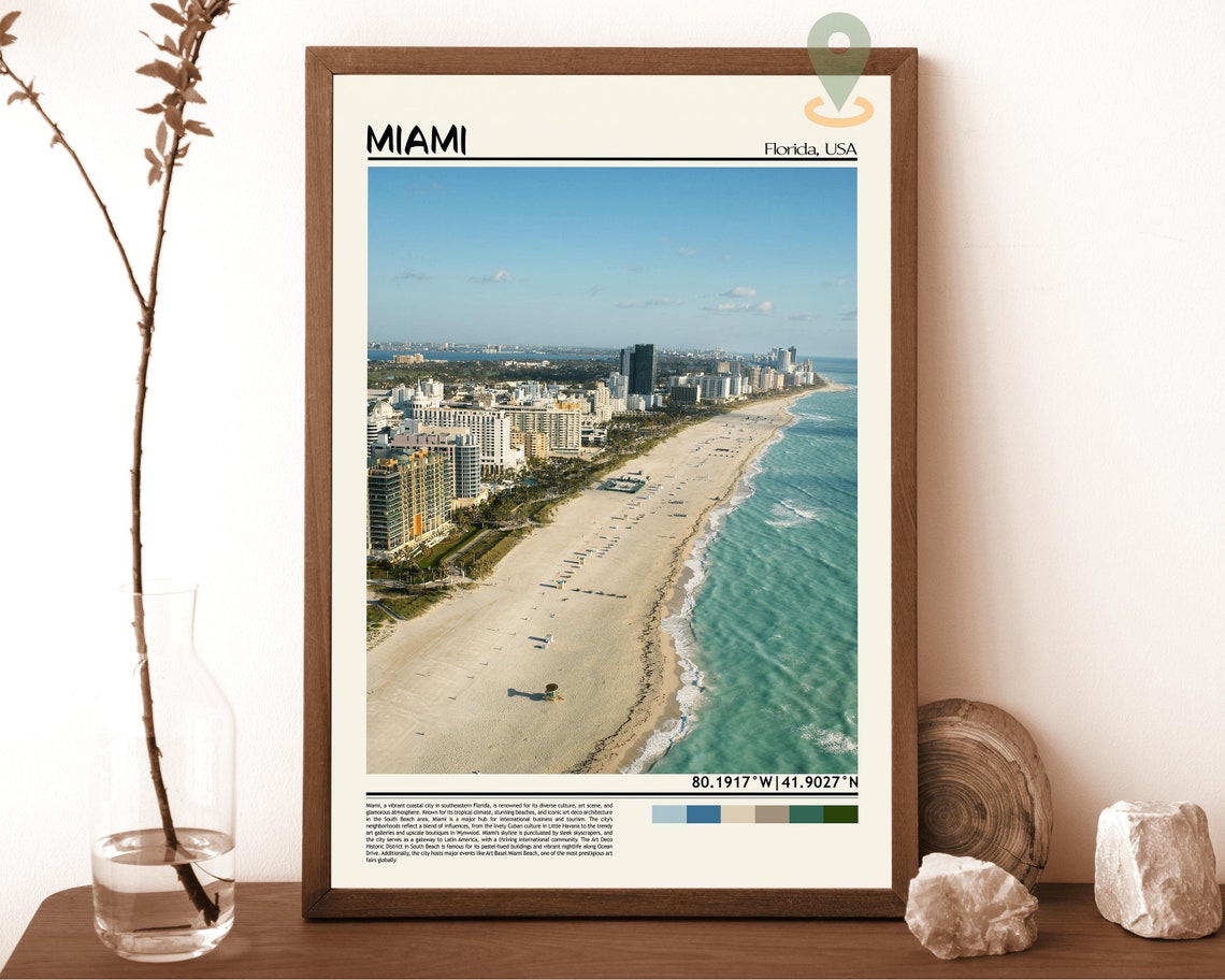 Miami Florida Beach Aerial Skyline Turquoise Ocean Travel Poster