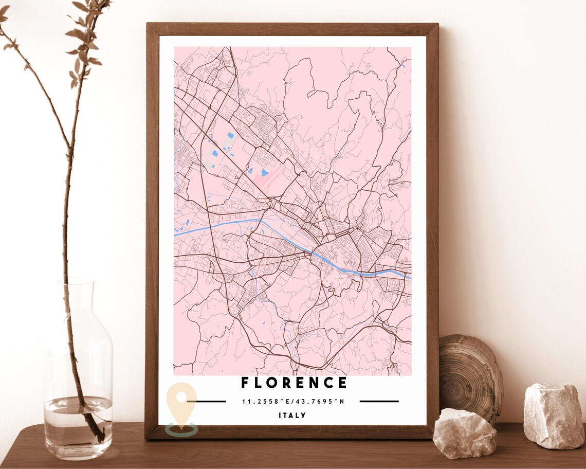 Florence Italy Blush Pink Minimal City Street Map Travel Poster