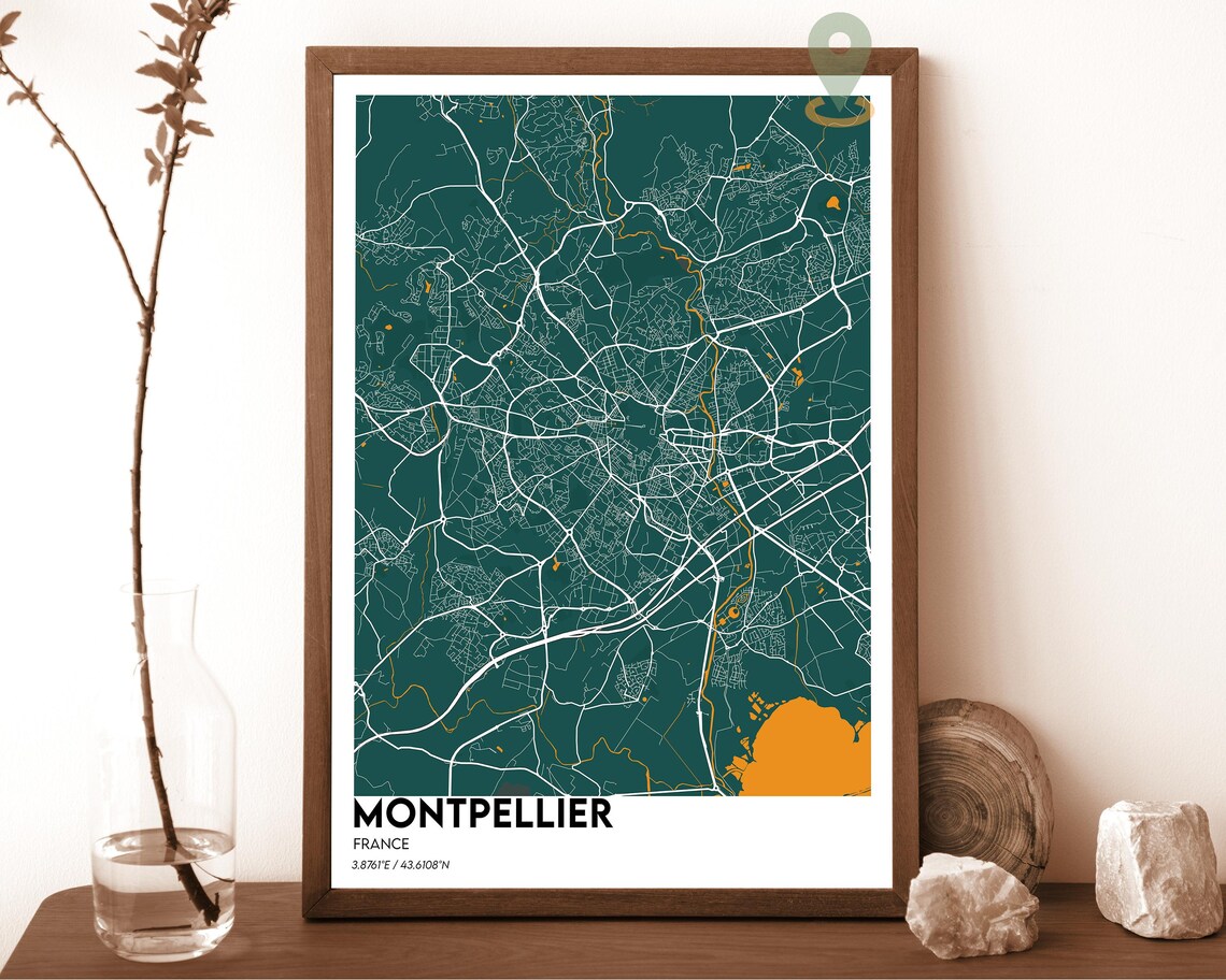 Montpellier France vintage sepia with blue water Street Map Coordinates Poster - Image 4