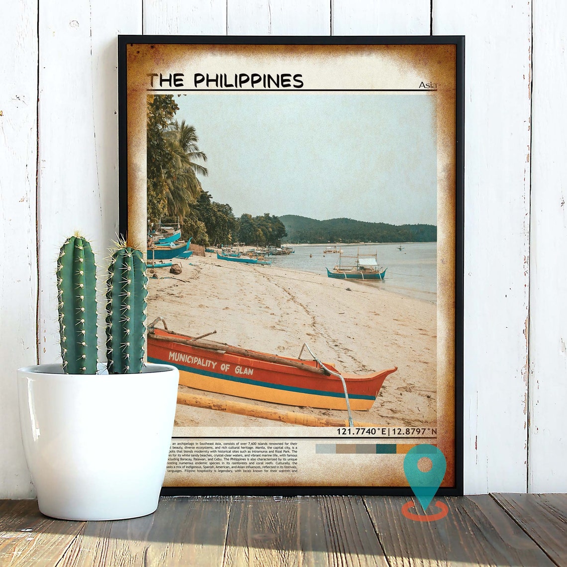 Philippines Glan Beach Colorful Outrigger Boats Shore Scene Poster - Image 2