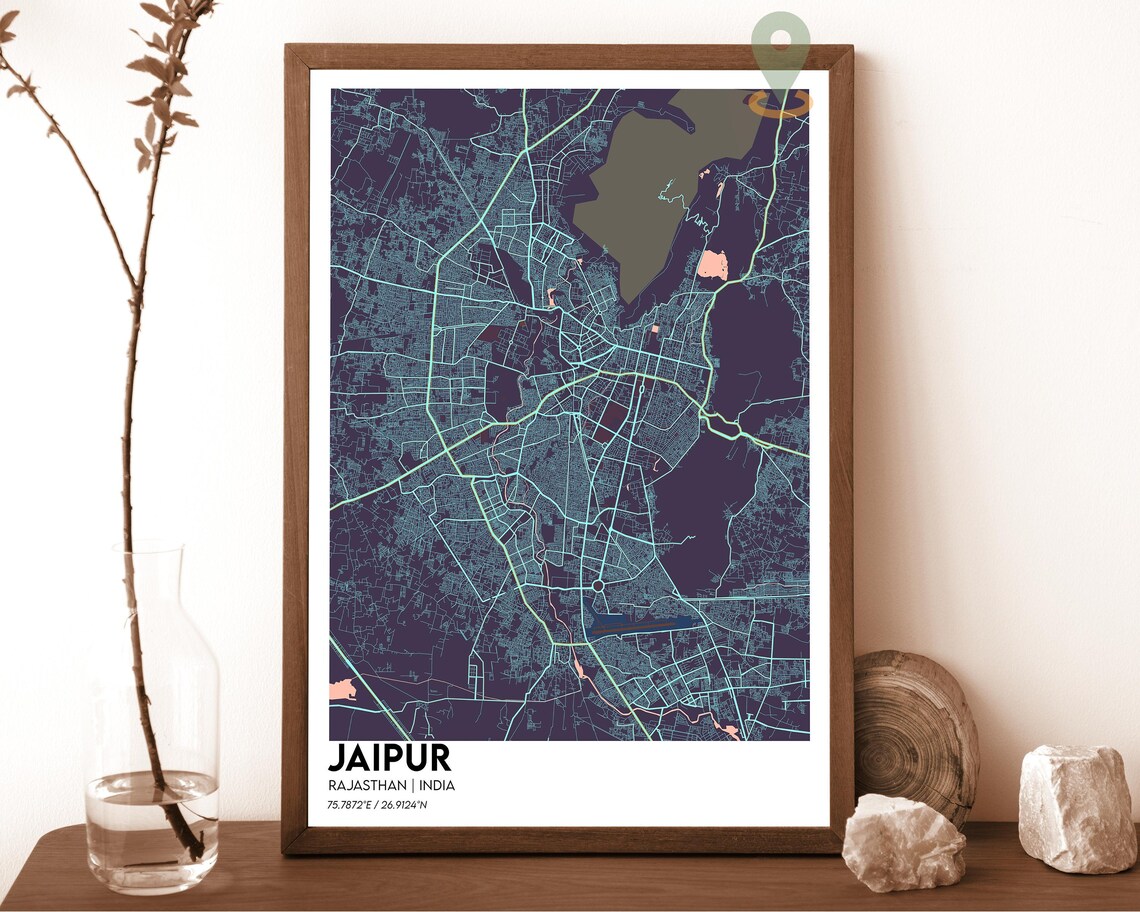 Jaipur India Purple Cyan Modern Minimalist City Map Wall Art