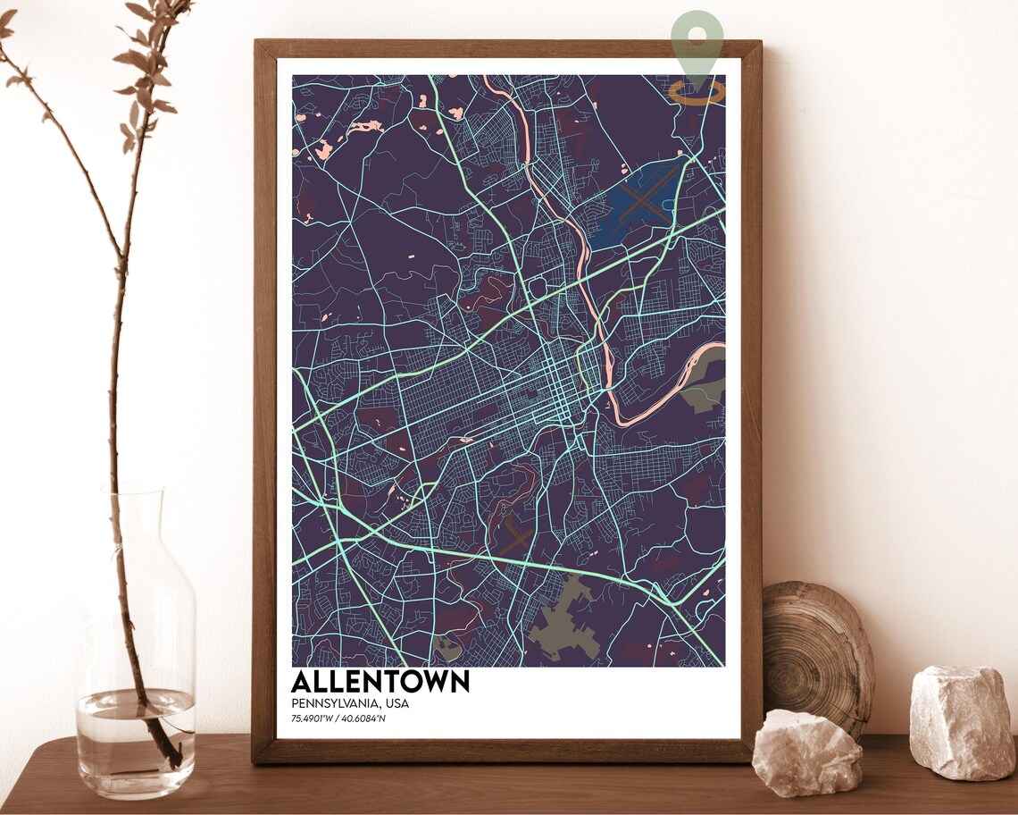 Allentown Pennsylvania blush pink with grey streets Street Map Coordinates Poster - Image 3
