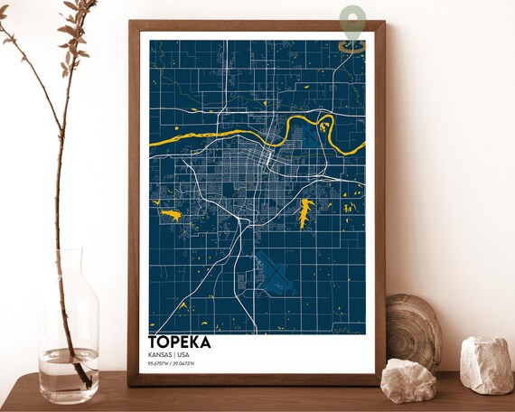 Topeka Kansas Striking Elegant Navy Blue Modern City Map Art Poster