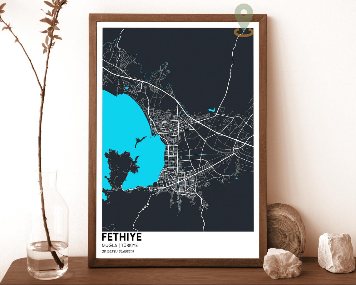 Fethiye Mugla Turkiye Sleek Dark Coast City Map Elegant Street Poster - Image 5