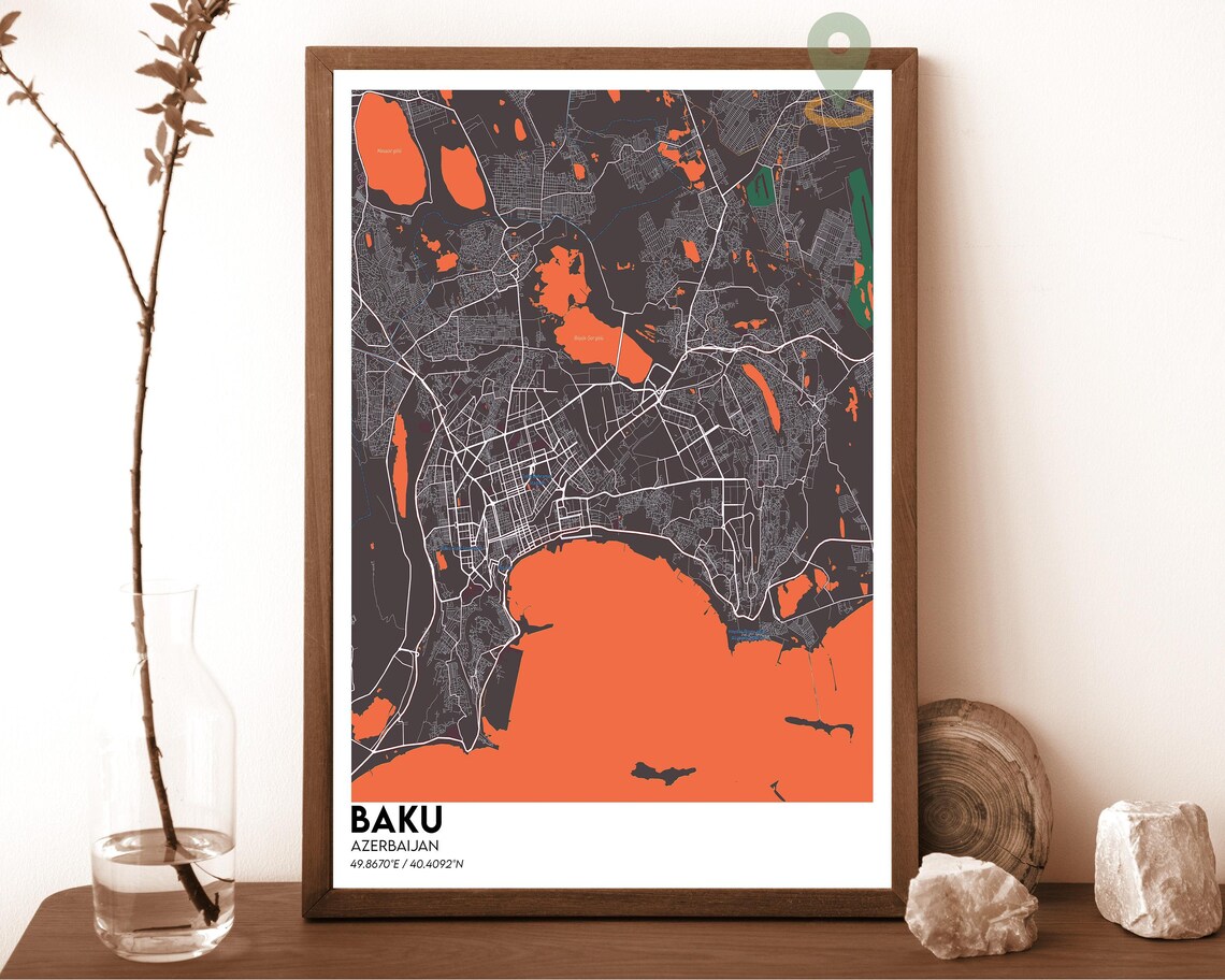 Baku Azerbaijan dark navy with bright turquoise water Street Map Coordinates Poster - Image 3