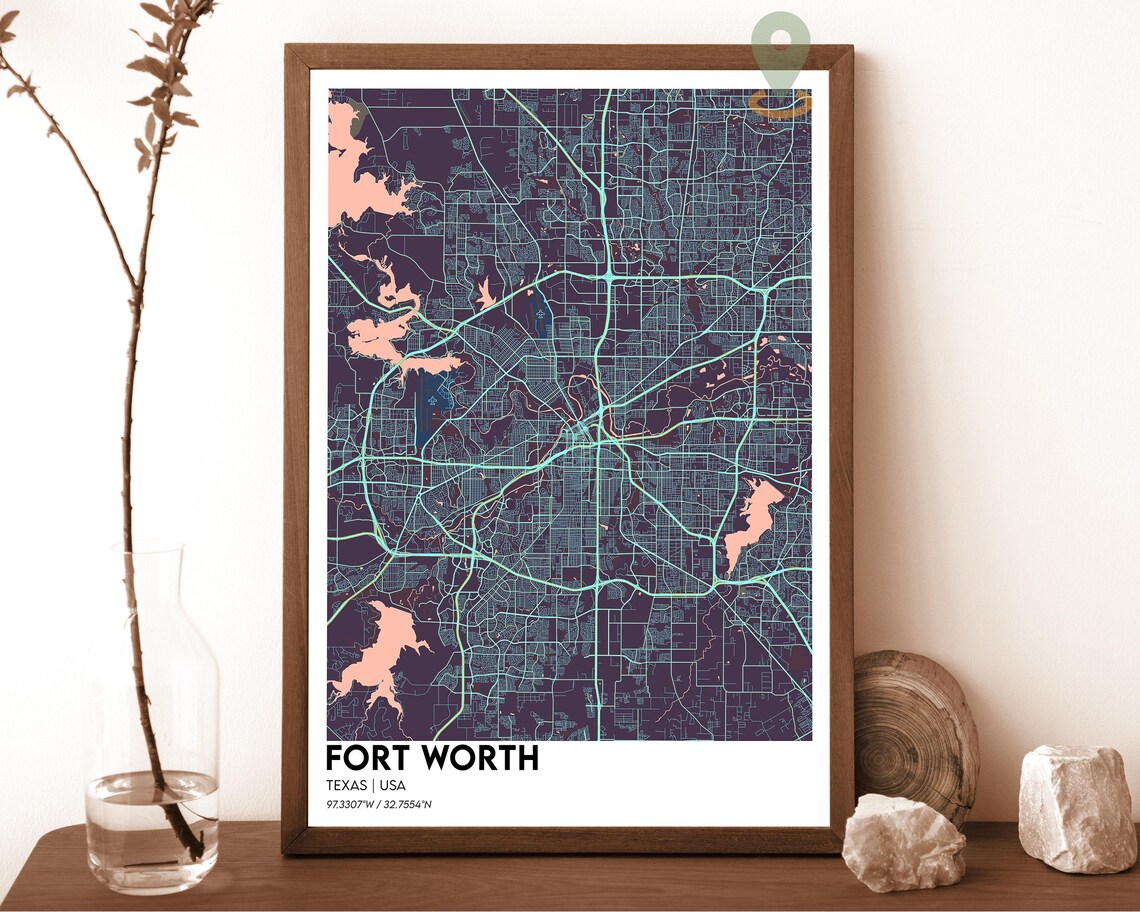 Fort Worth Texas USA City Map Dusty Rose Modern Street Art Poster - Image 4