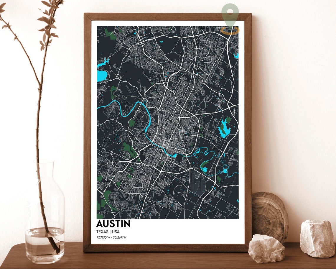 Austin Texas Navy Blue Minimalist Street Map Coordinates Poster - Image 2
