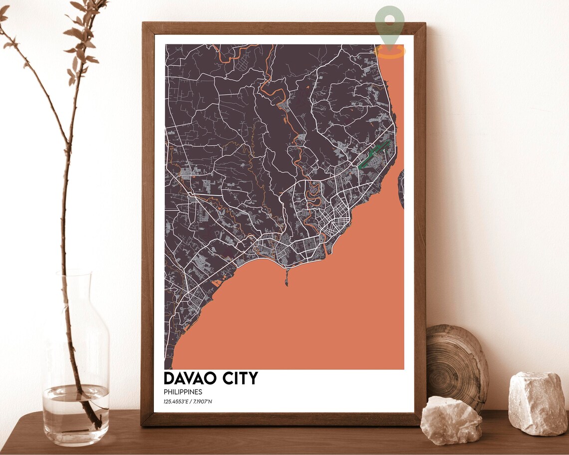 Davao City Philippines Dark Cyan Coastal City Map Art Poster - Image 4