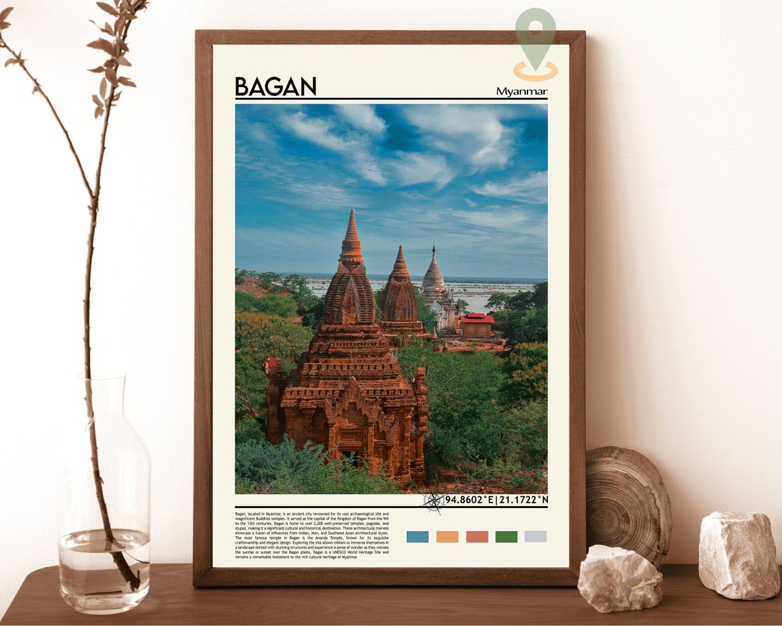 Bagan Myanmar Ancient Buddhist Temples Plains View Travel Poster