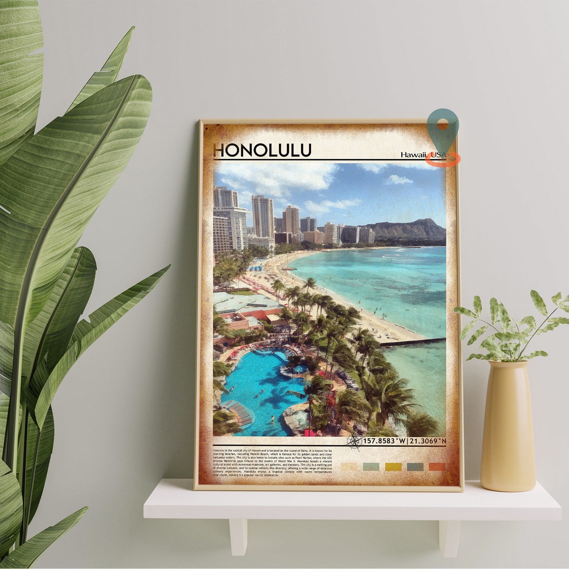 Honolulu Hawaii Waikiki Beach Diamond Head Travel Poster Surf - Image 2