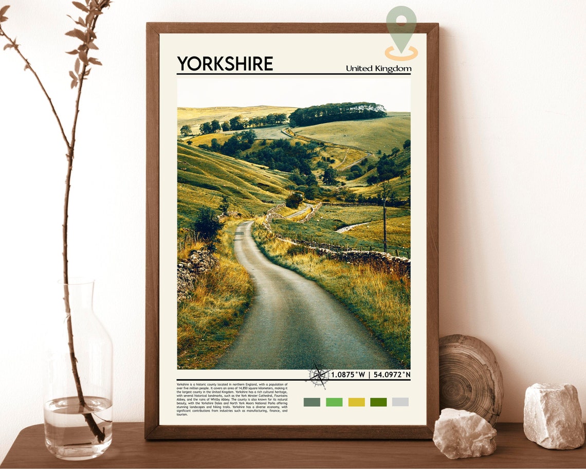 Yorkshire England Rolling Green Hills Country Lane Vintage Poster