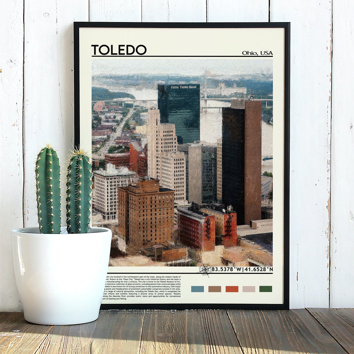 Toledo Ohio Downtown Skyline River View Painterly Art Poster - Image 3