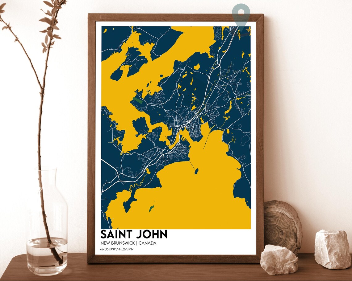 Saint John New Brunswick Canada Navy Gold City Map Home Decor Poster