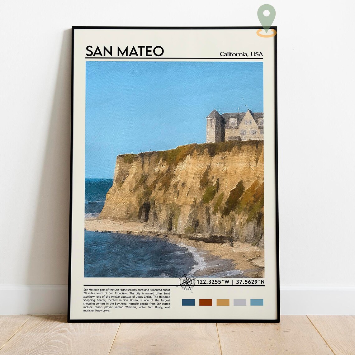 San Mateo California Coastal Cliff Beach House Painting Poster - Image 4
