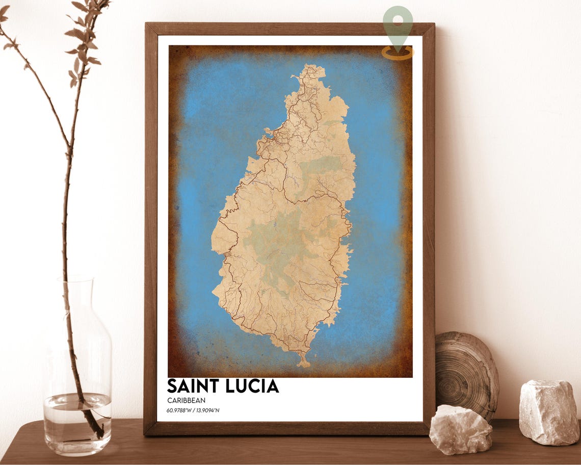 Saint Lucia Caribbean Navy Island Map Poster on Mustard Yellow - Image 3