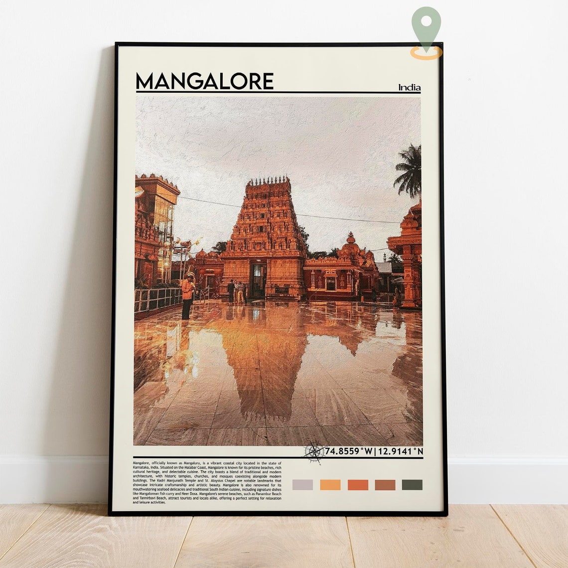 Mangalore India Ancient Temple Tower Wet Courtyard Reflection Poster - Image 2