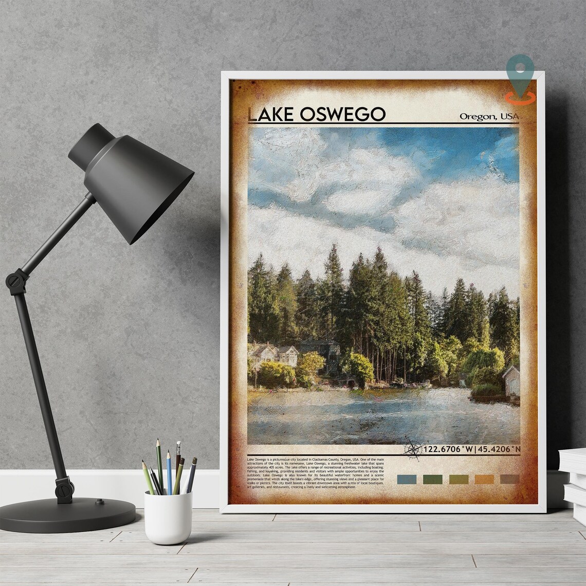 Lake Oswego Oregon Pine Lake Shoreline Summer Lakeside Travel Poster - Image 2