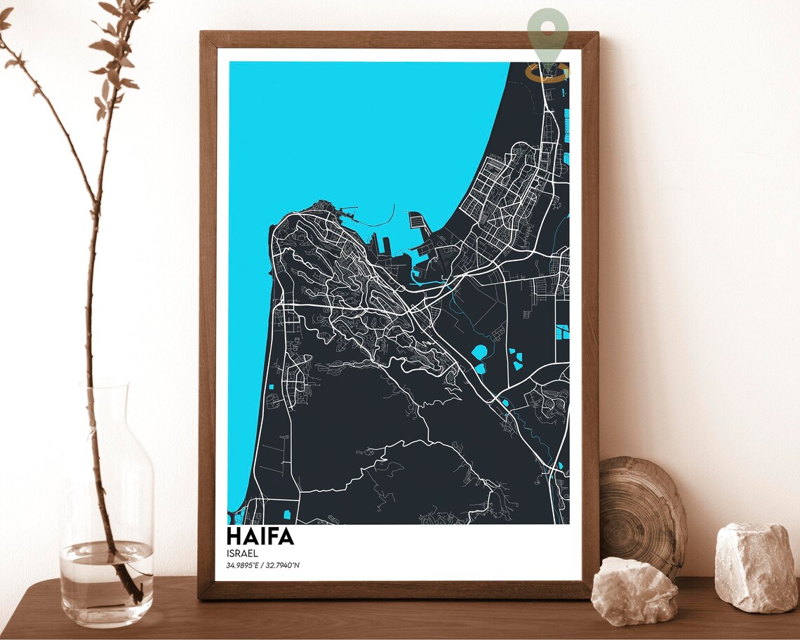 Haifa Israel Navy Yellow City Street Map Modern Travel Poster - Image 2