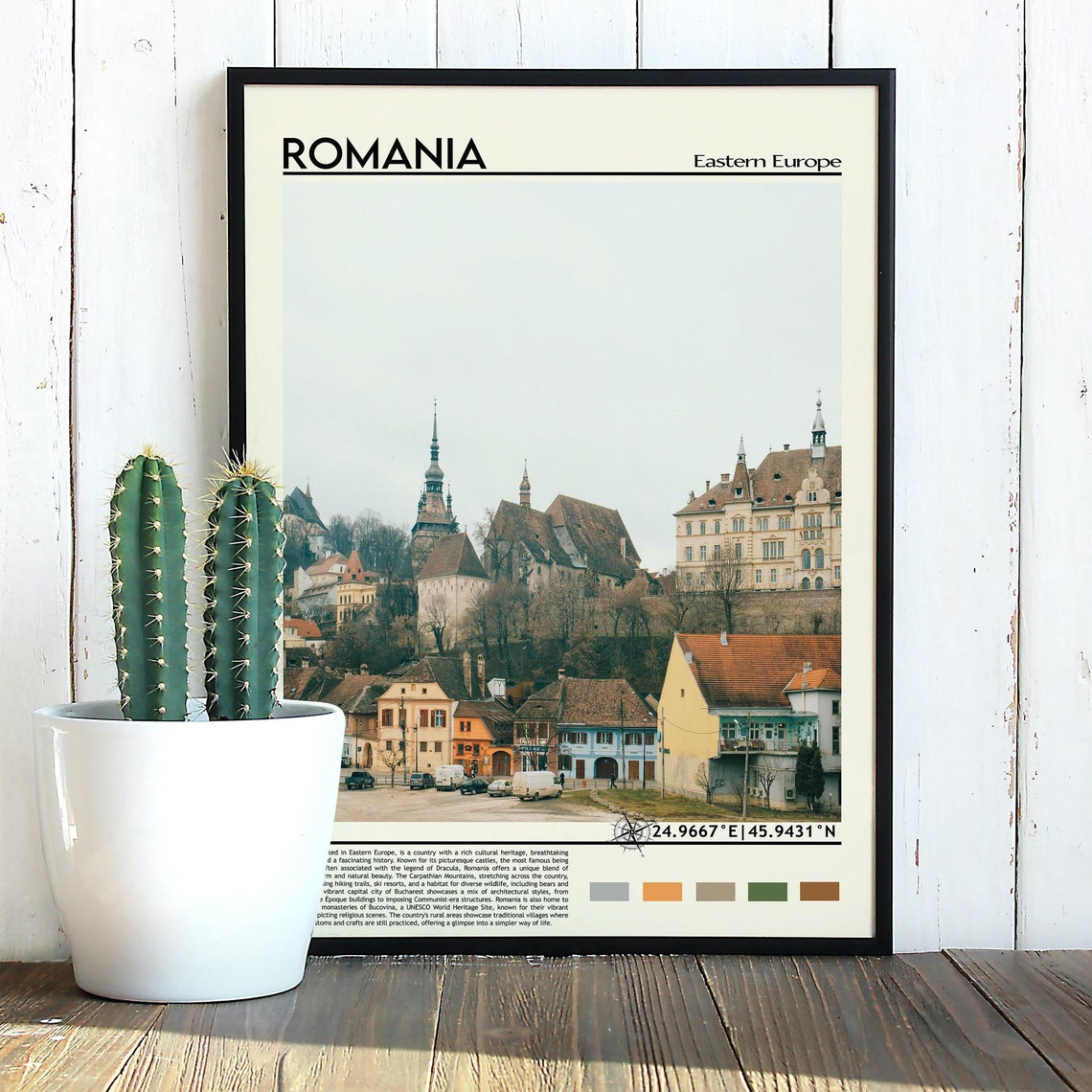 Romania Eastern Europe Medieval Hilltop Town Colorful Roofs Art Poster - Image 5