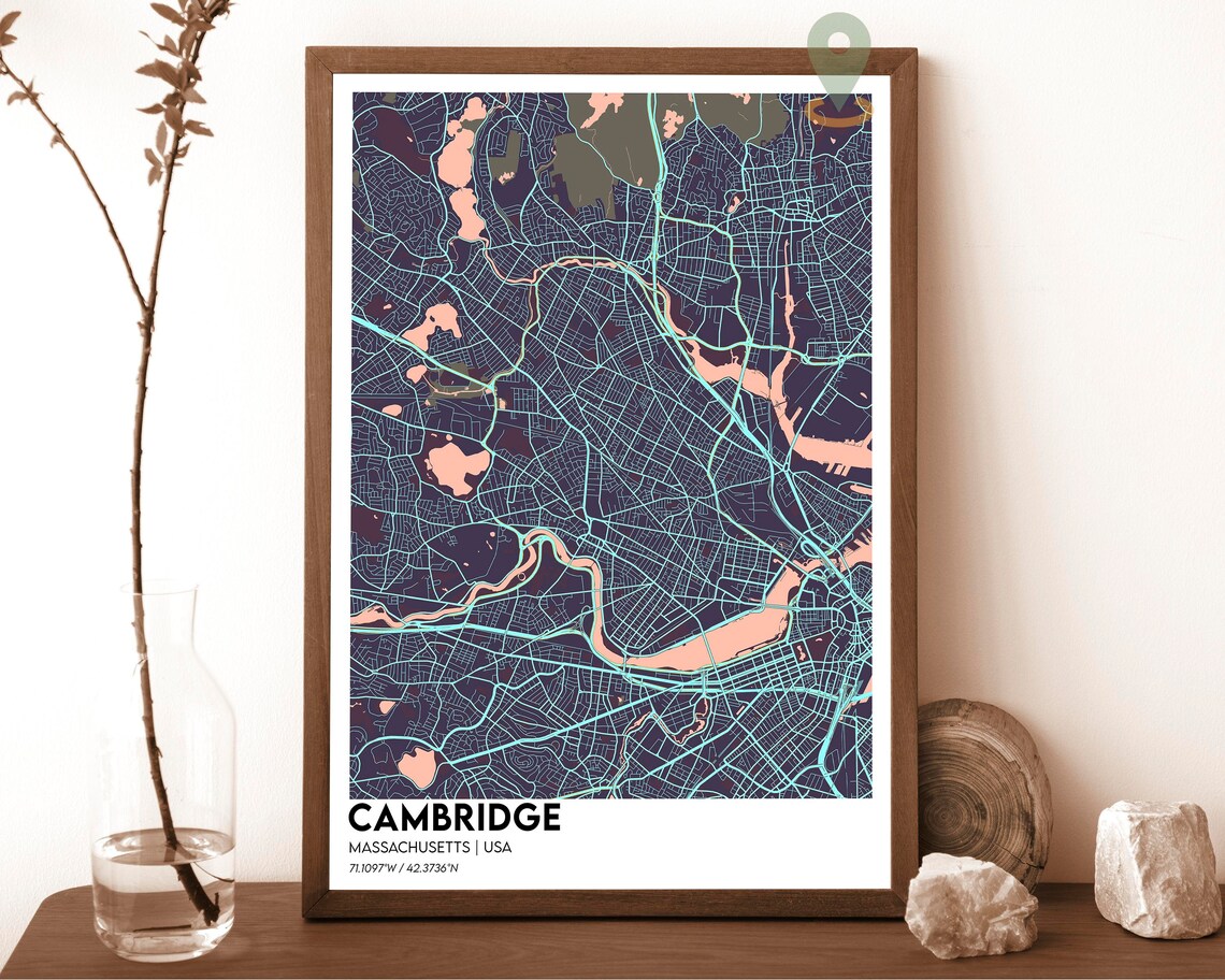 Cambridge Massachusetts Street Map Charles River Magenta Cream Art Print - Image 3
