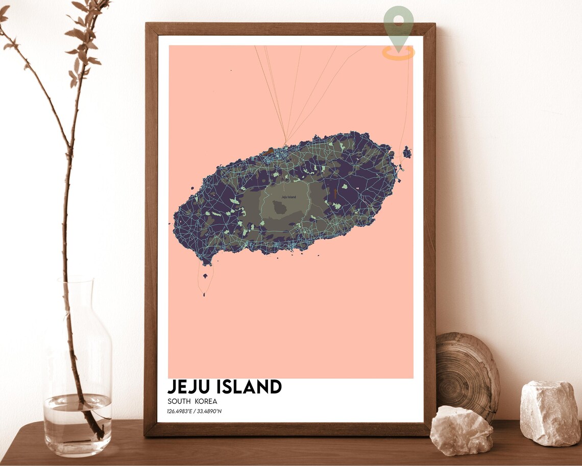 Jeju Island South Korea Teal Modern Minimalist Island Map Wall Art - Image 4