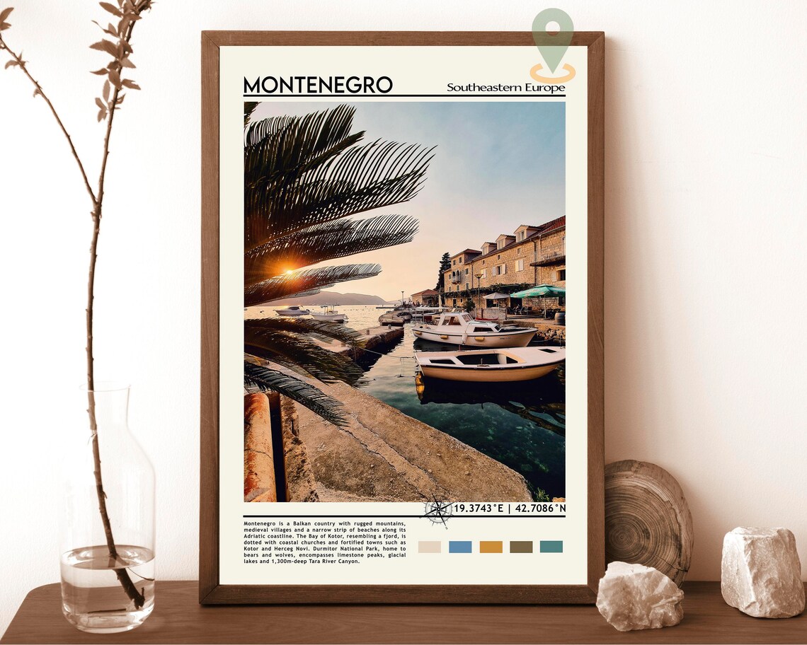 Montenegro Southeastern Europe Coastal Harbor Sunset Travel Poster