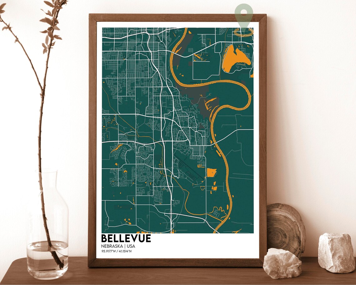 Bellevue Nebraska USA Vintage Parchment City Map River Art Poster - Image 5