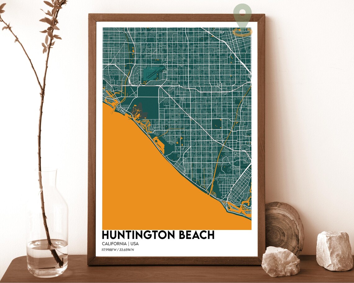 Huntington Beach California Modern City Map Coral Peach Poster - Image 4