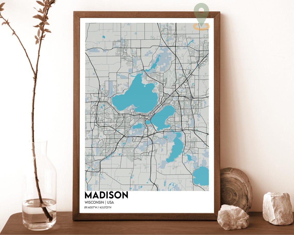 Madison Wisconsin Plum Pink Lakes Modern City Map Art Poster - Image 2