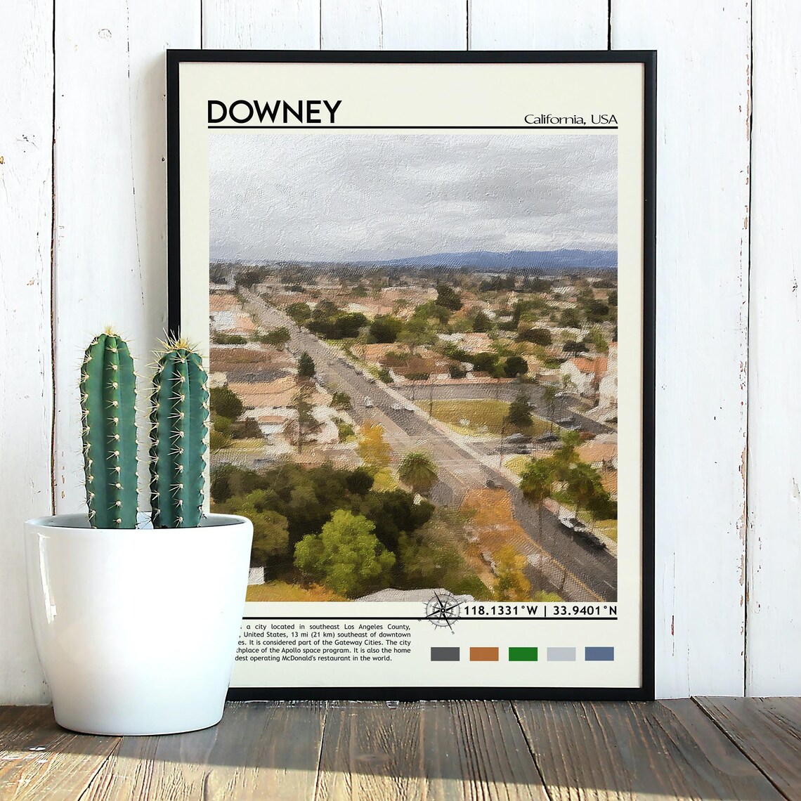 Downey California Aerial City View Watercolor Suburban Poster - Image 2