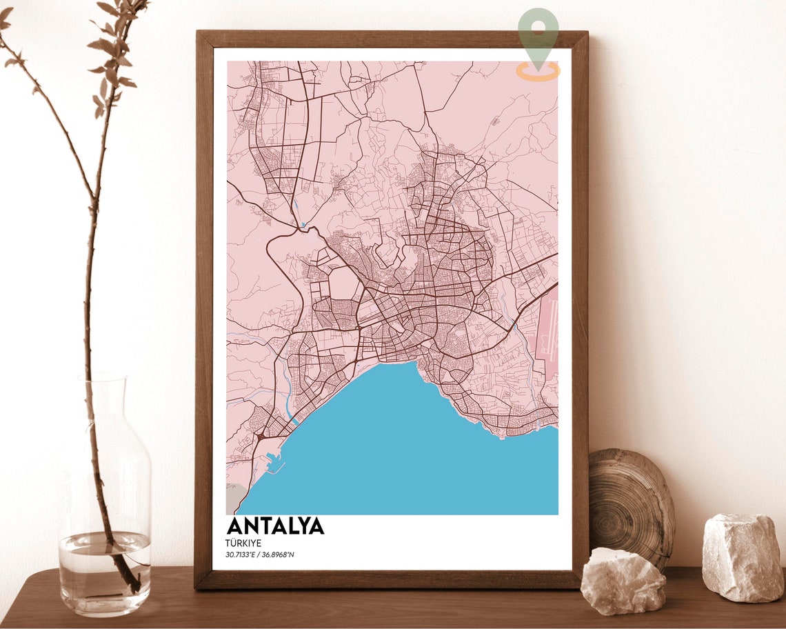 Antalya Turkiye Sepia Vintage Style Coastal City Street Map Poster - Image 3