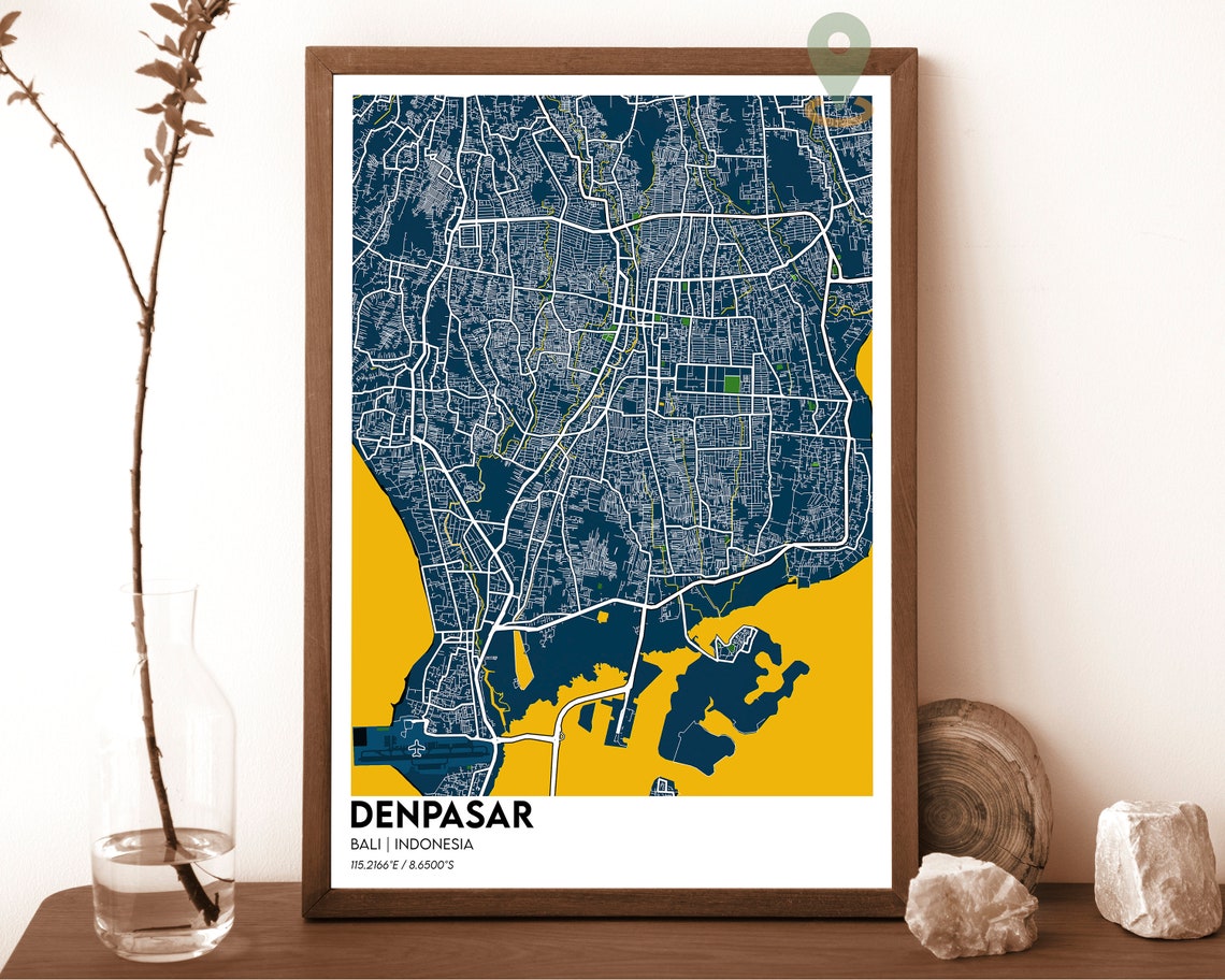 Denpasar Bali Indonesia Navy Yellow Coastal City Map Art Poster