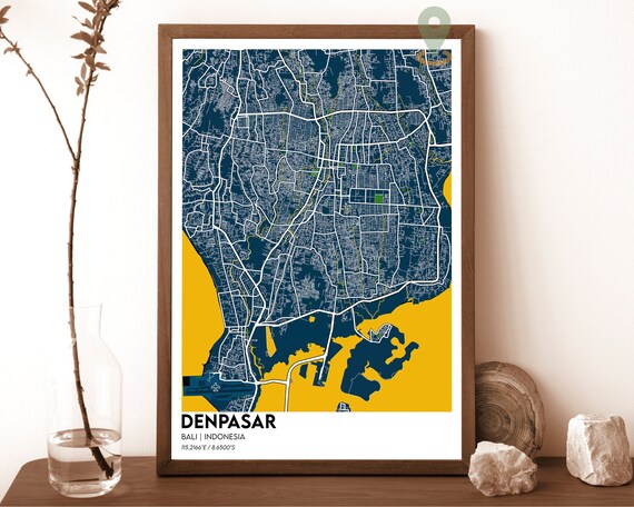 Denpasar Bali Indonesia Navy Yellow Coastal City Map Art Poster