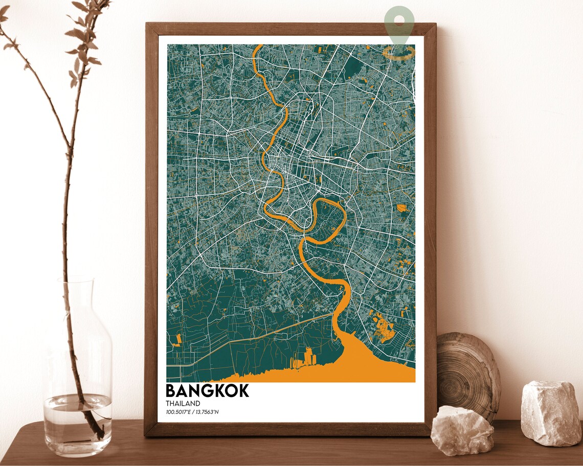 Bangkok Thailand City Map Night Dark Orange River Street Grid Poster - Image 4