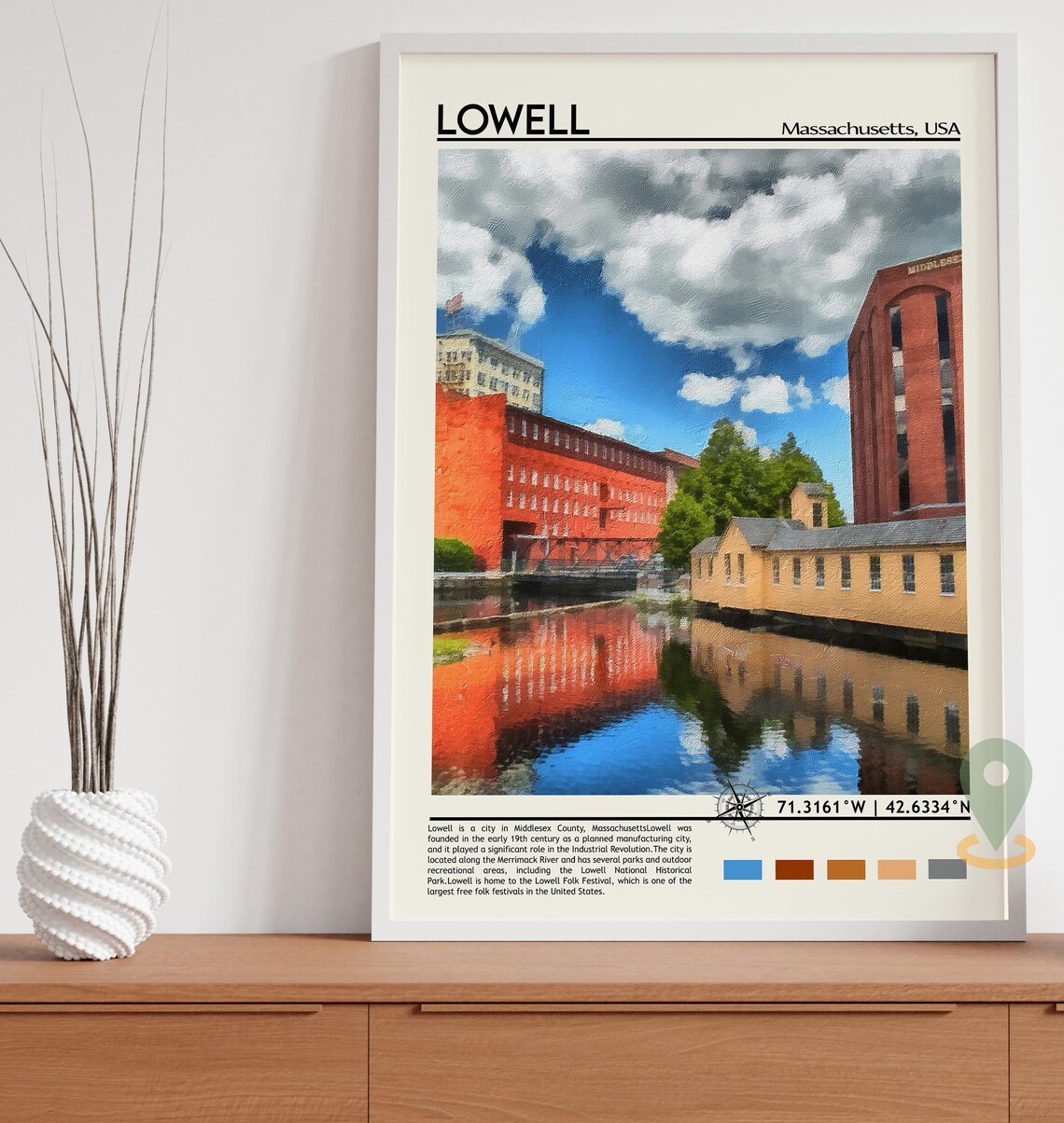 Lowell Massachusetts Historic Mill Town City Skyline Travel Print - Image 5
