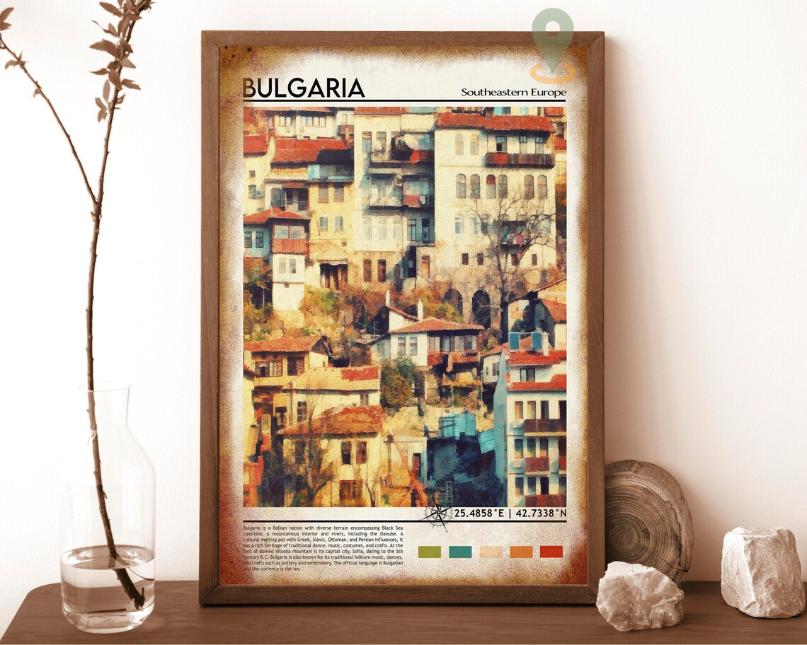 Bulgaria Southeast Europe Old Town Hillside Houses Watercolor Poster - Image 6
