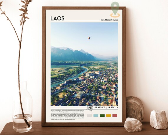 Laos Southeast Asia River Valley Town Mountains Hot Air Balloon Poster
