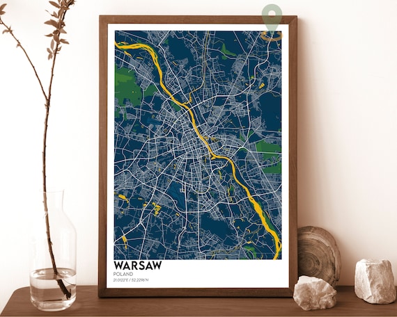 Warsaw Poland Dark Blue Yellow Vistula City Street Map Poster