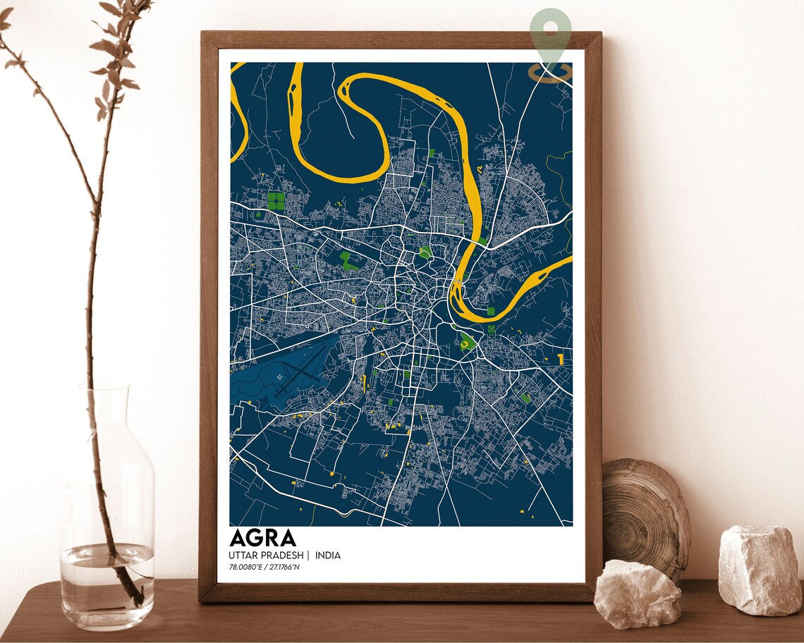 Agra India City Map Dark Yamuna River Taj City Street Map Poster - Image 2