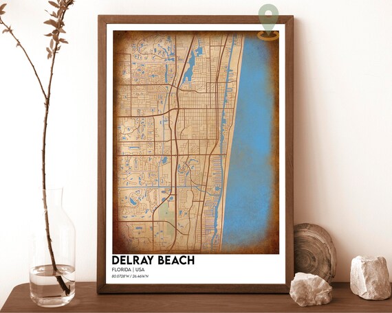 Delray Beach Florida Vintage Sepia Coastal City Map Art Poster