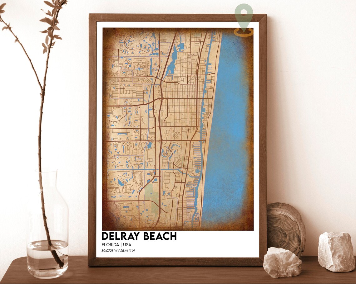 Delray Beach Florida Vintage Sepia Coastal City Map Art Poster