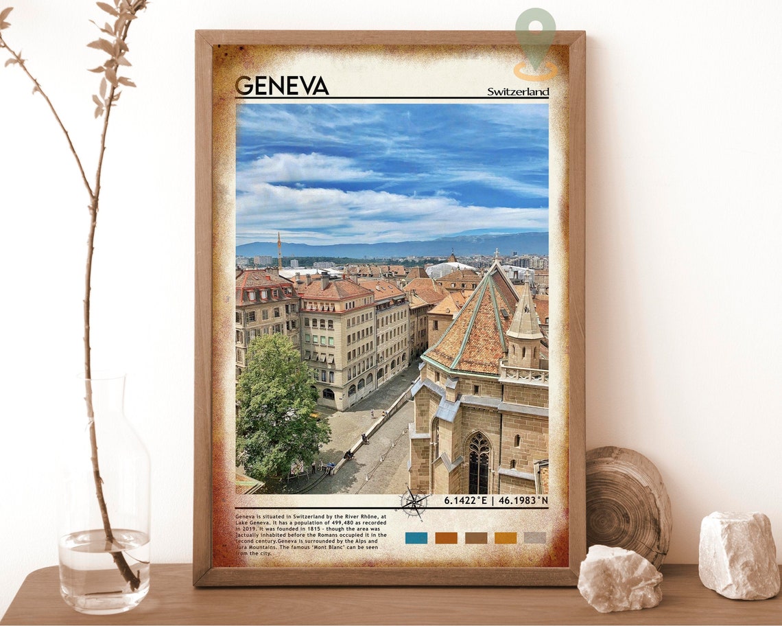 Geneva Switzerland Old Town Rooftops Cathedral Lake View Travel Poster - Image 6